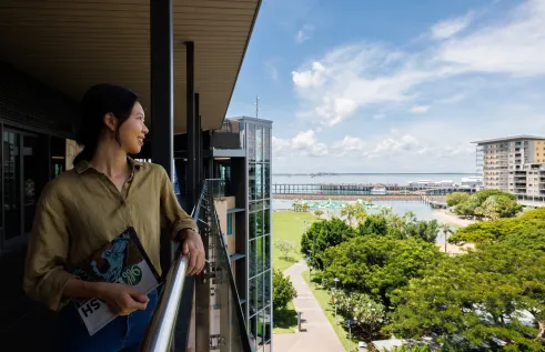 Student studying at the Waterfront