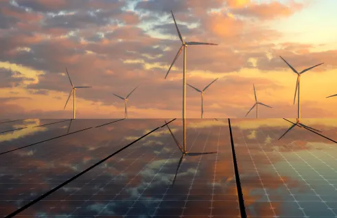image of wind turbines and solar panels
