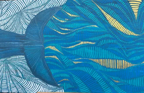 Painting of whales tail using Indigenous Australian Art style