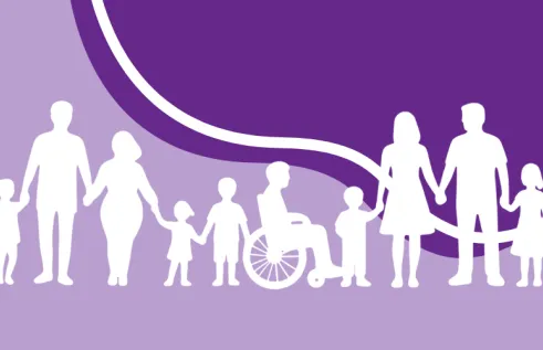 shapes of families stand in front of purple background