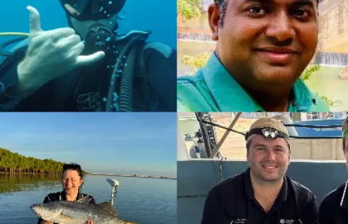 composite image of four photos of fisheries team members - including one under water in scuba gear and two holding fishes