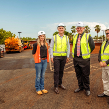 Aspire Design and Construct Executive Director Lisa Jenkinson, Minister for Skills, Training and International Education Joel Bowden, CDU Vice-Chancellor Professor Scott Bowman and CDU TAFE Chief Executive Mike Hamilton at the construction site.