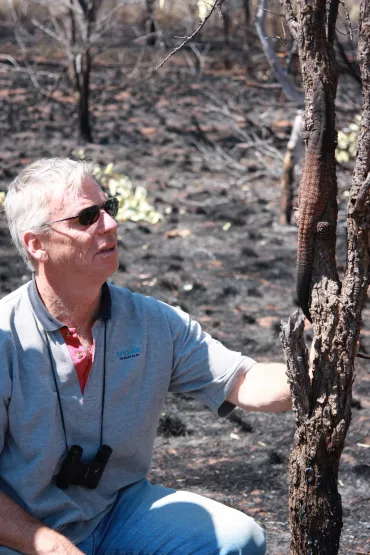 Dr Noel Preece, wearing sunglasses, with binoculars hanging round his neck, looking at a lizard on a burnt tree trunk, surrounded by burnt ground