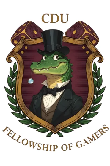 CDU Fellowship of Gamers logo featuring a crocodile in a tuxedo and top hat inside a decorative crest with dice and laurel leaves.