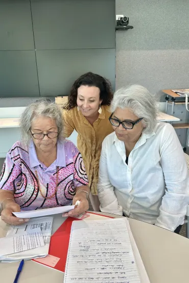 First Nations poet Coralie Cassidy (centre), Adelle Sefton-Rowston (right) and Glenn Dawes from James Cook University Townsville. Picture: Adelle Sefton-Rowston